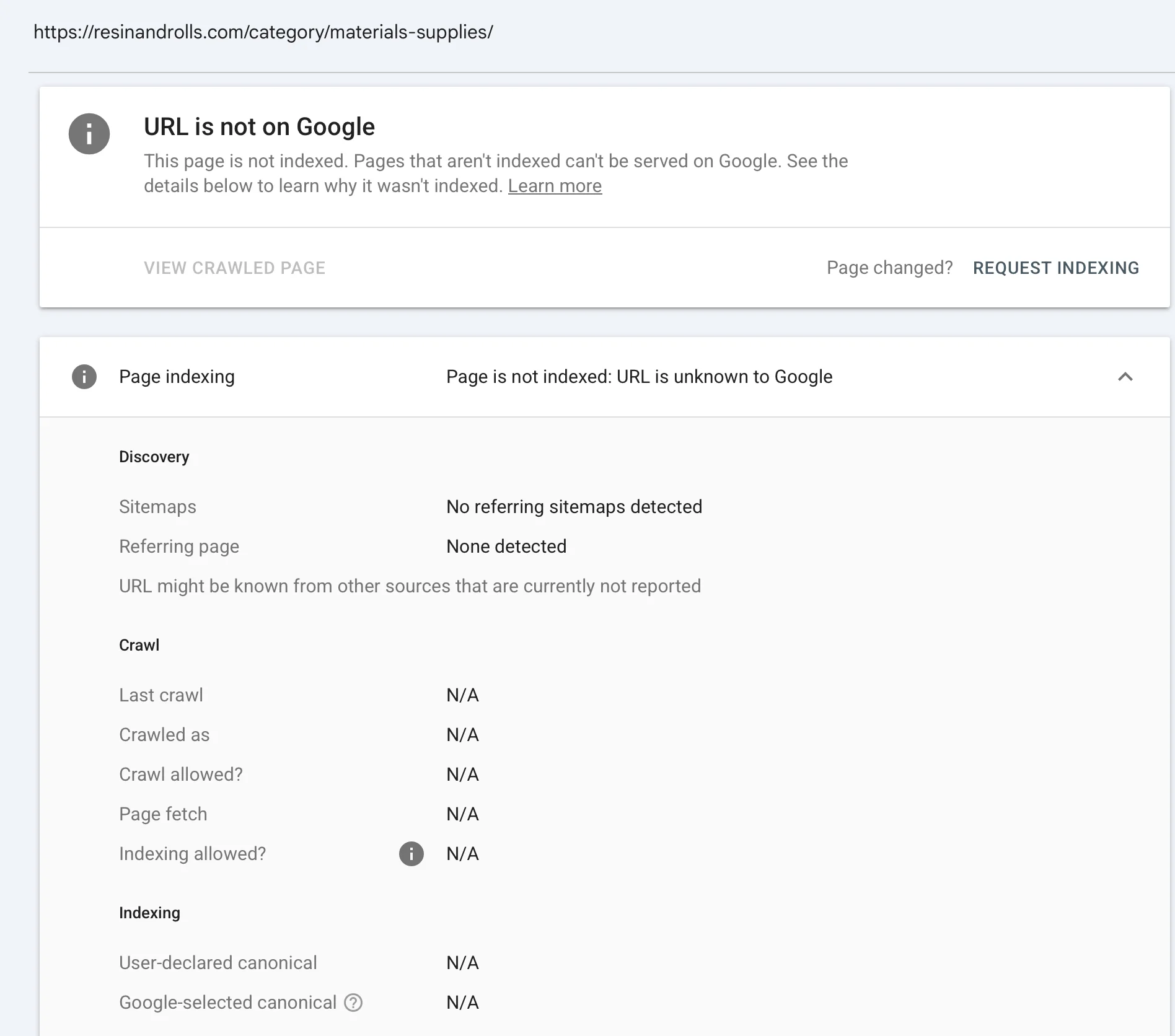 Search Console URL Inspection for resinandrolls.com/category/materials-supplies/. URL is not on Google. Page is not indexed: URL is unknown to Google. No referring sitemaps detected. Referring page: none detected. Last crawl, crawled as, crawl allowed and page fetch: all N/A.