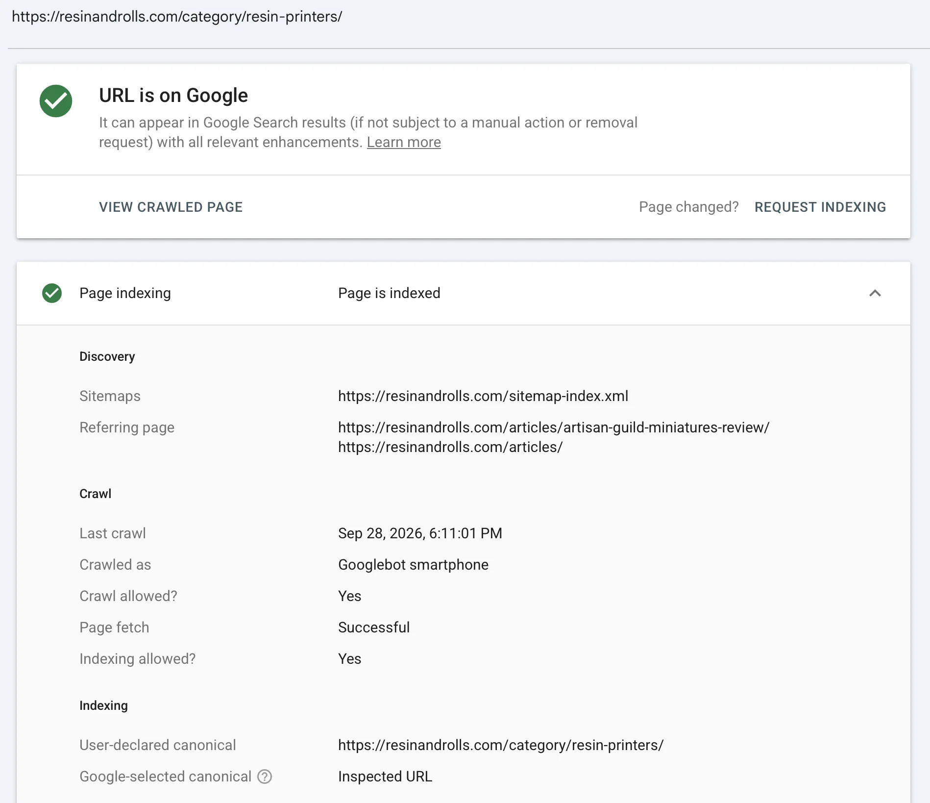 Search Console URL Inspection for resinandrolls.com/category/resin-printers/. URL is on Google. Page is indexed. Sitemap: sitemap-index.xml. Last crawl: Sep 28, 2026, 6:11:01 PM, crawled as Googlebot smartphone. Page fetch successful, indexing allowed, canonical self-referencing.